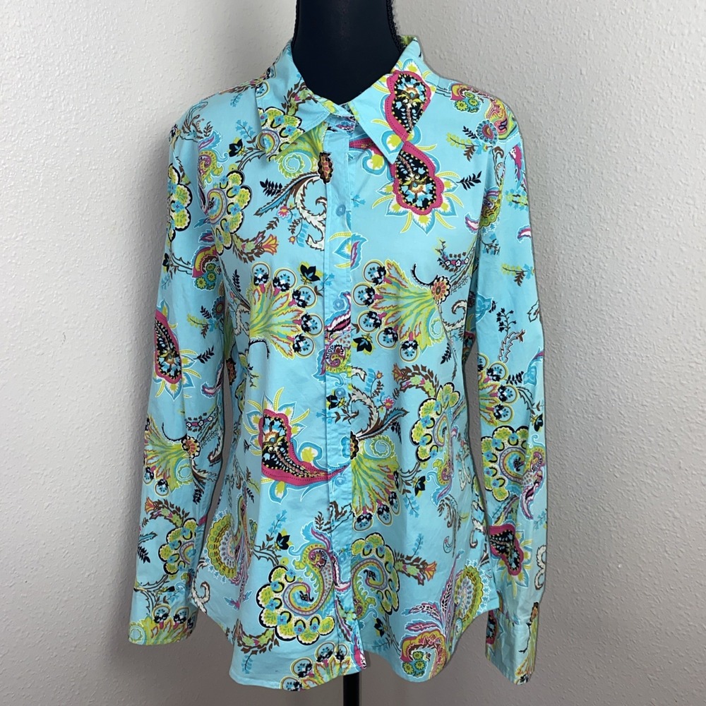Bamboo Traders Blouse Women's XL Blue‎ Paisley Floral Long Sleeve Button Hippie